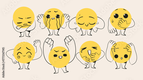 Cute character circle shape with facial expression. Funny figures. Cartoon isolated vector illustration.