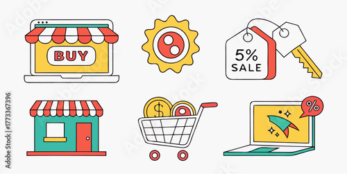 Delightful online shopping experience icons for modern e-commerce promotions, sales and deals