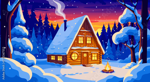 A tranquil digital illustration of a cozy A-frame cabin nestled in a snowy winter forest with a glowing campfire at dusk
