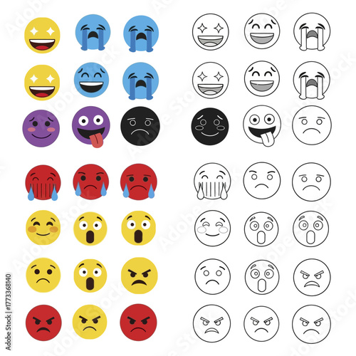 Collection of colorful and black and white emoji faces showing different emotions.