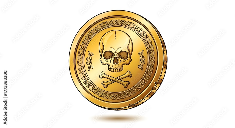 Naklejka premium Illustration of a pirate gold coin with skull engraving, white surface