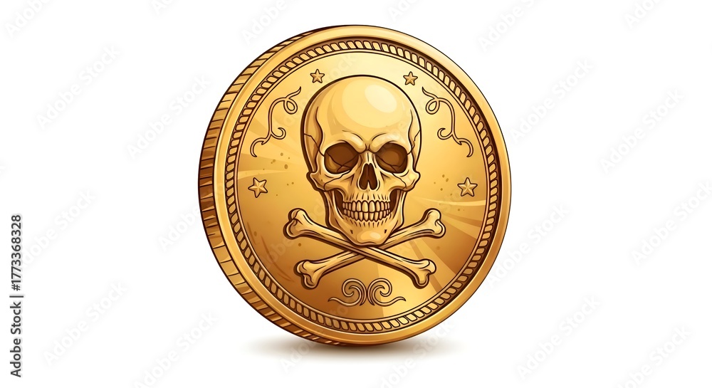 Naklejka premium Illustration of a pirate gold coin with skull engraving, clean white surface