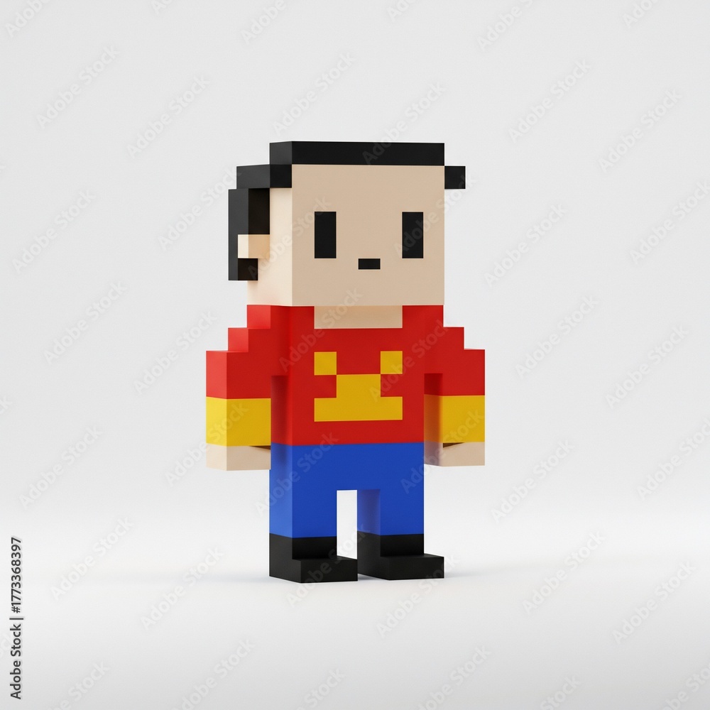 Fototapeta premium Blocky pixelated hero in primary colors