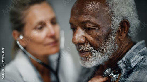 Doctor uses stethoscope to listen to elderly patient s heartbeat during medical examination