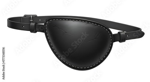 Illustration of a black pirate eye patch with leather strap, white background
