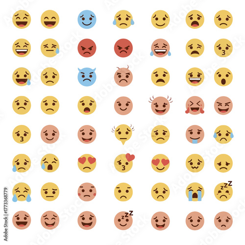 Collection of Diverse Emoji Faces Expressing Various Emotions and Reactions.