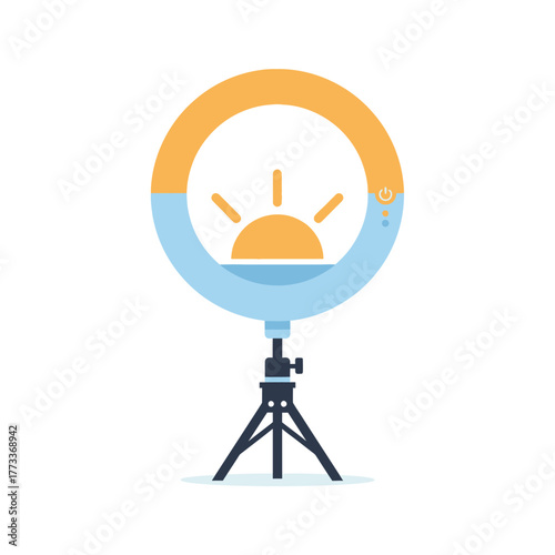 A modern ring light with adjustable brightness, mounted on a tripod, designed for photography and videography, casting a warm glow