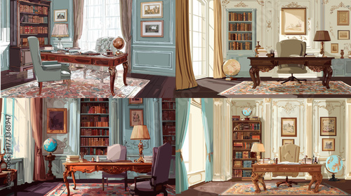 Classic office interior with wooden desk, globe, bookshelves, and elegant décor. Cozy study room design ideal for business, literature, and history concepts.