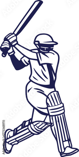 Dynamic cricket player ready to strike with bat, showcasing power and skill for sports promotion or team branding, action illustration in white and blue