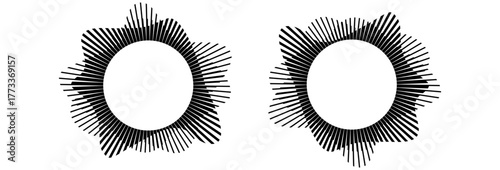 Circular sound waves, depicting audio music, round symbols of voice, icons and logos for equalizers, radial spectrum designs, ring patterns.eps10