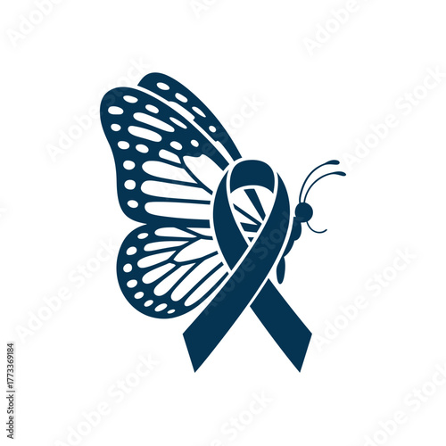 Symbolic navy blue ribbon intertwined with a monarch butterfly wing for awareness