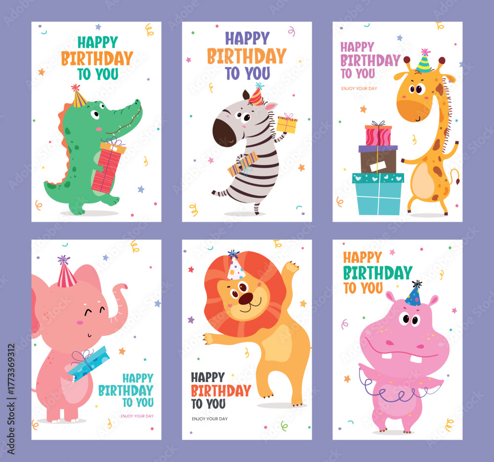 Naklejka premium Adorable set of birthday cards featuring cartoon animals in party hats with presents and confetti. Perfect for kids’ birthday invitations, posters, and celebration greetings.