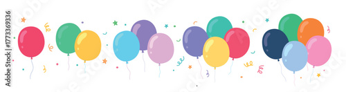 Bright colorful balloons with confetti and ribbons on white background. Perfect for birthday parties, festive banners, invitations, and celebration decorations.
