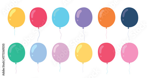 Set of colorful balloons isolated on white background. Flat cartoon-style illustration perfect for birthday, celebration, and party decoration designs.