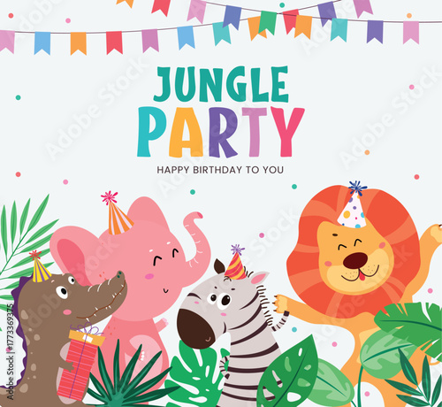 Canvas Print Jungle Party birthday illustration with cute wild animals wearing party hats