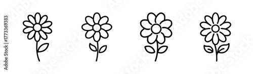 Collection of four hand-drawn daisy flower icons with stems and leaves