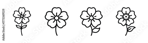 Four delicate line art hollyhock flowers bloom on slender stems in a natural setting