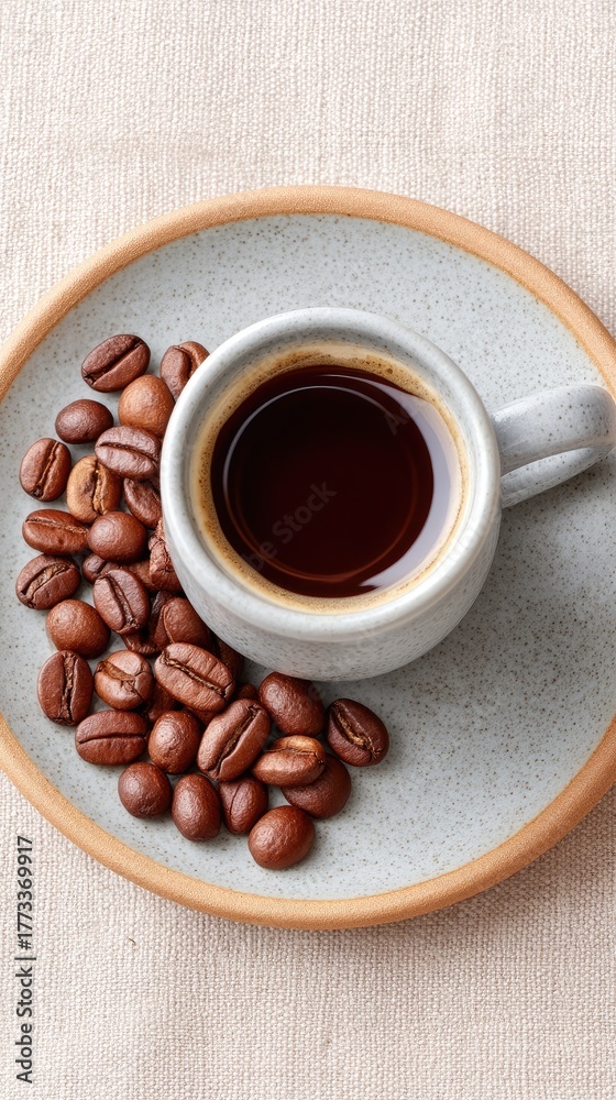 Fototapeta premium Rustic Flat Lay of Roasted Coffee Beans and a Cup of Hot Coffee on a Textured Plate with a Neutral Background