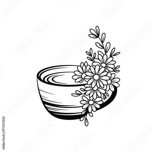 Delicate hand drawn illustration of a bowl of water adorned with blooming daisies and leaves