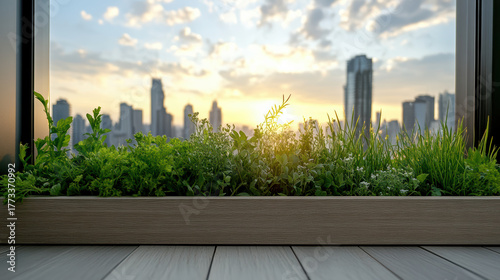 Fototapeta Naklejka Na Ścianę i Meble -  Lush green rooftop garden with cityscape sunset view, creating serene atmosphere