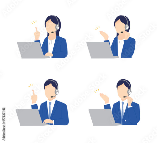 ヘッドセットをしてコールセンターで働く男女のオペレーター