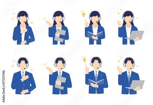 ヘッドセットをしてコールセンターで働く男女のオペレーター