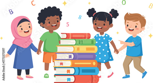 Children Around Stack of Books School Education Illustration