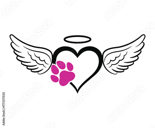 Angel wings heart with pink paw print symbol of pet love and remembrance