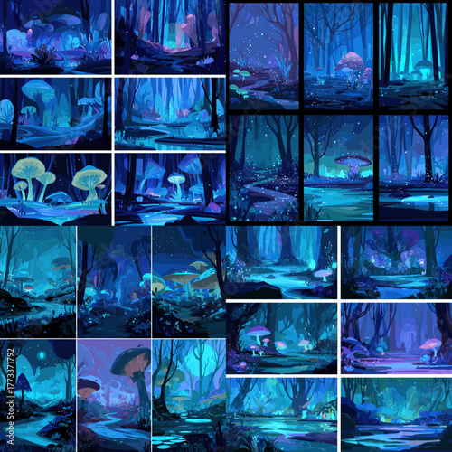 Magical glowing mushroom forest at night with bioluminescent light and mist. Dreamlike fantasy landscape ideal for game, nature, or fairy-tale art.