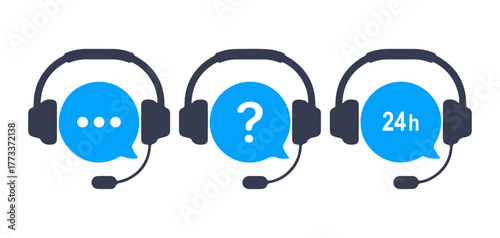 Customer support headset icon set. Editable vector pack with call, question, and 24h symbols. EPS communication art
