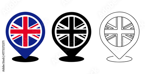 UK location pin icon set. Union Jack map marker vector pack. EPS travel symbol
