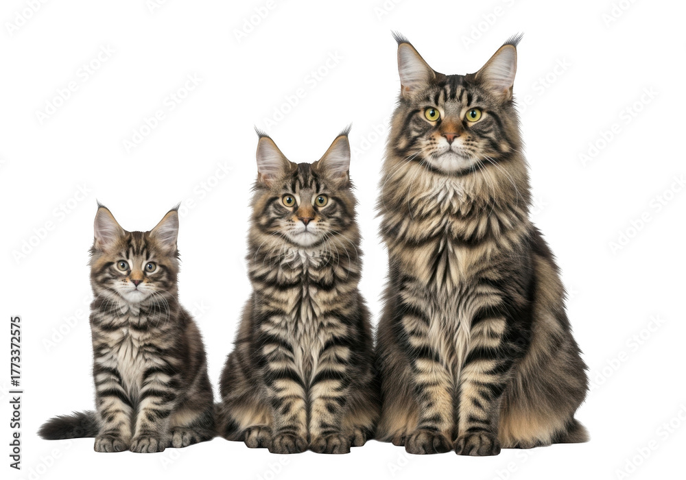 Obraz premium Three maine coon cats kitten cat feline pets animals isolated cute adorable furry mammals domestic isolated on transparent background