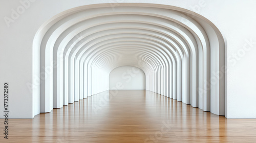 Spacious architectural interior with elegant arches and polished wooden floor creates serene