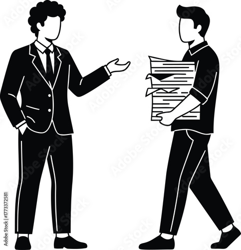 Dynamic duo tackling paperwork overload in modern office setting, business communication and workflow efficiency concept, streamlined process illustration