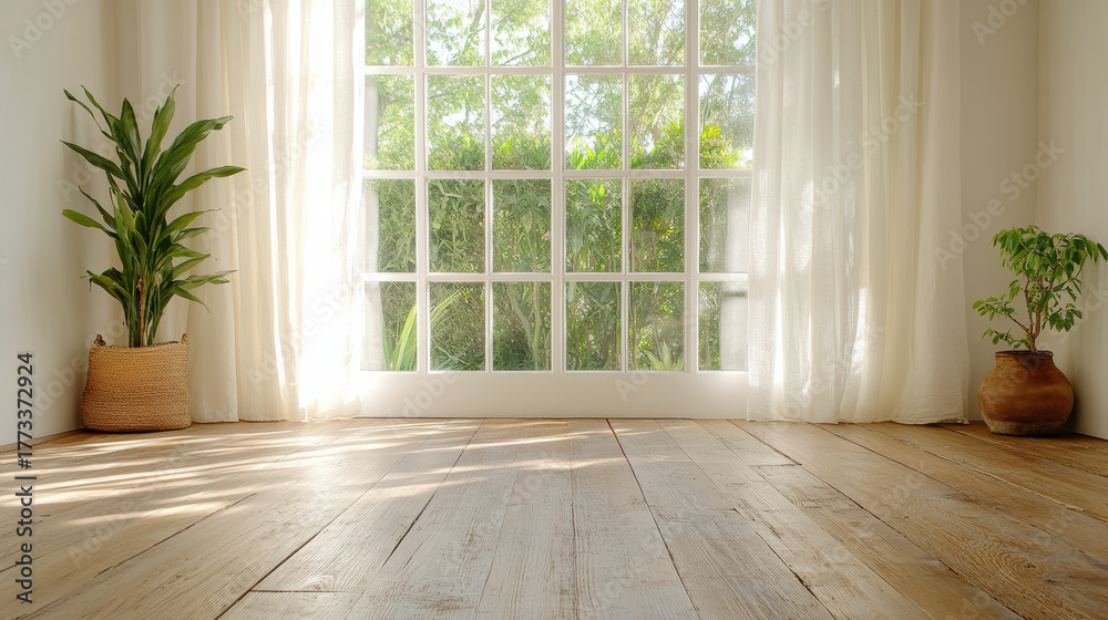 Fototapeta premium Bright, airy room with wooden floor and plants near large window