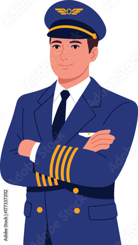 Professional male pilot vector illustration in a blue uniform with a captain hat standing with arms crossed