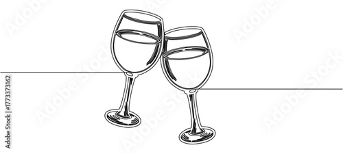 Glass of champagne isolated on white with black line art style