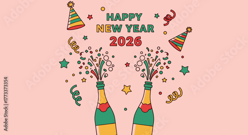 Festive illustration celebrating the New Year with champagne bottles and decorations.