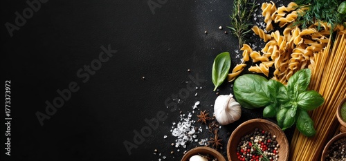A culinary still life featuring various pasta shapes, herbs, spices, and ingredients on a dark background