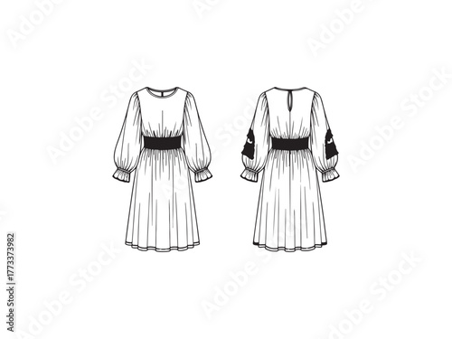 Illustration of front and back view of a midi dress with long lantern sleeves and a belt fashion illustration