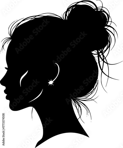 Messy hair bun, vector woman silhouette. Beautiful girl set illustration. Female hairstyle.