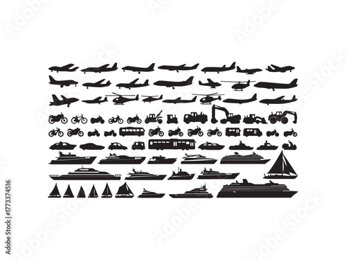Illustration of transportation vehicle silhouette collection featuring planes, helicopters, cars, and boats for diverse travel