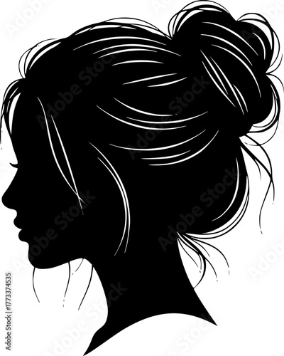 Messy hair bun, vector woman silhouette. Beautiful girl set illustration. Female hairstyle.