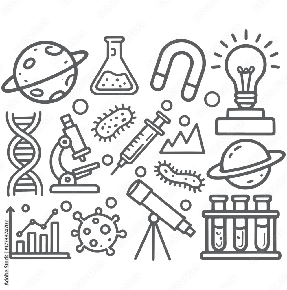 Fototapeta premium Hand Drawn Science and Research Doodle Icon Set.