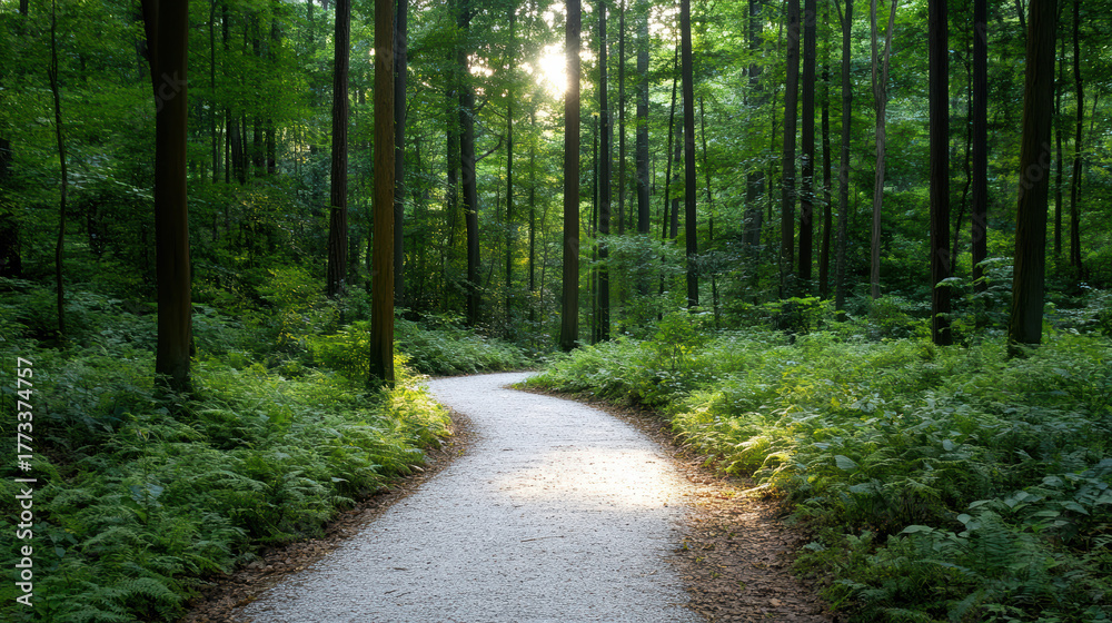 Fototapeta premium Winding path through lush green forest with sunlight filtering through trees creates serene