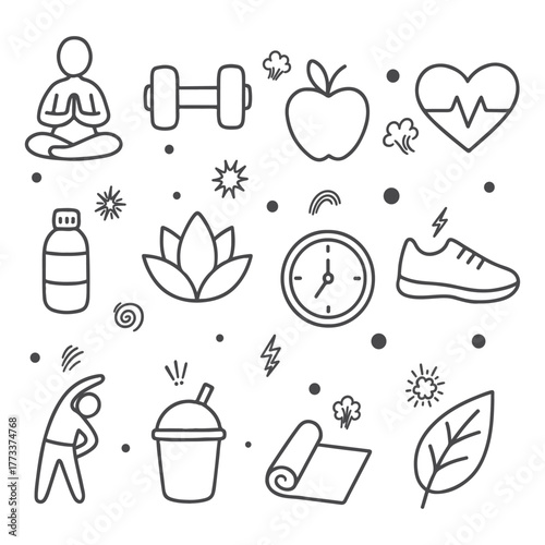 Healthy lifestyle elements for wellness and fitness.