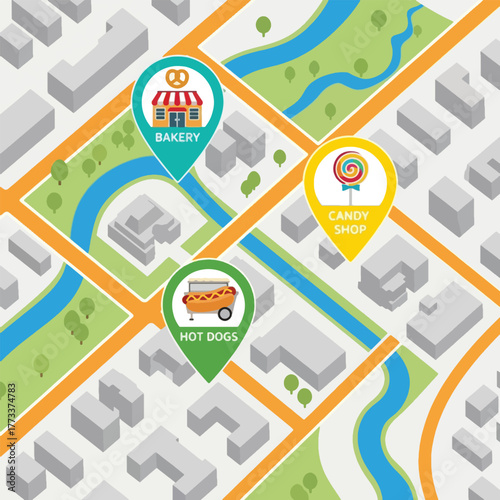 Isometric map showing locations of a bakery, candy shop, and hot dog stand