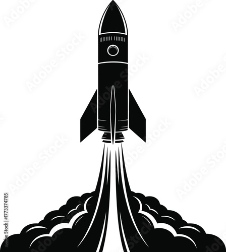 Black Silhouette of Rocket Spaceship Launching into Sky with Smoke Trail Vector