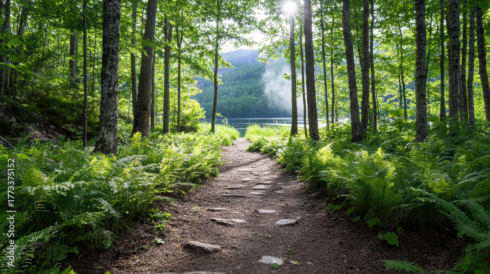 Obraz premium Serene path leads through lush ferns towards tranquil lake, surrounded by trees