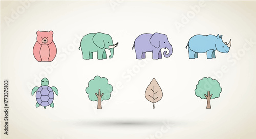 A charming collection of minimalist icons depicting wildlife and nature elements. Features a bear, elephants, rhino, turtle, trees, and a leaf in soft pastel colors